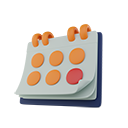 A 3D illustration of a calendar page features five orange dots and one red dot, symbolizing a school event. The page, with its curled corner, is attached to a spiral binding at the top.