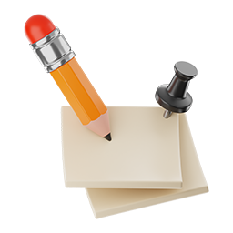 An illustration featuring an orange pencil with a red eraser standing upright beside a stack of beige sticky notes, evokes a sense of school nostalgia. A black push pin sits on top of the notes, all set against a pristine white background.