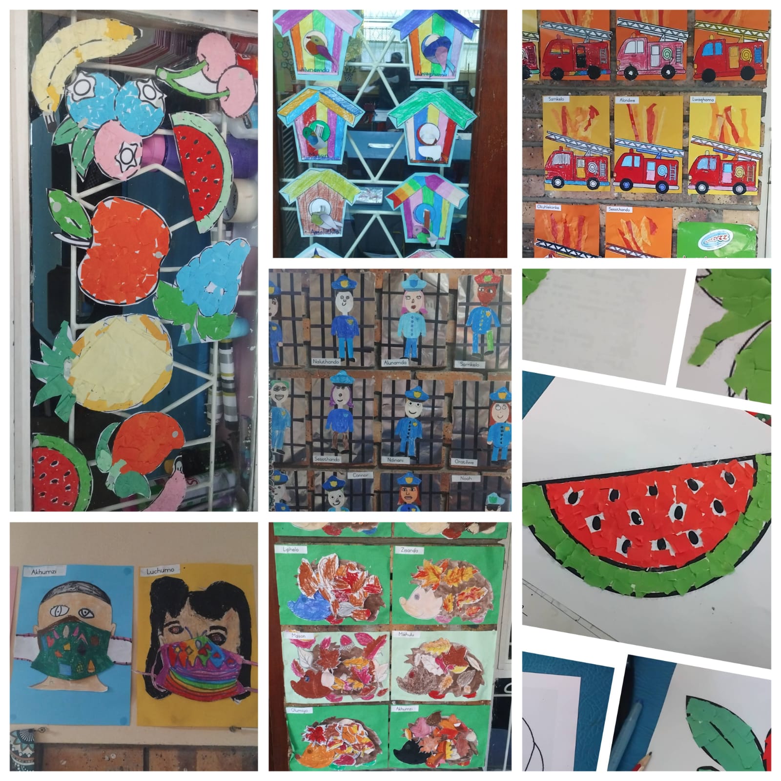 A collage of children’s artwork, including drawings of fruit, birdhouses, fire trucks, people, a watermelon slice, a person in a face mask, and fall-themed collages displayed on walls and doors.