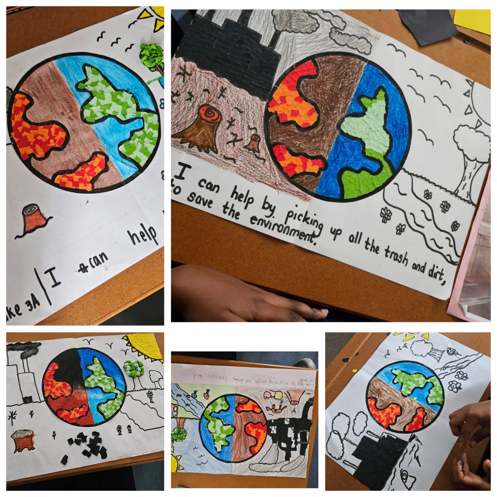 A collage of five photos shows students coloring a drawing of Earth divided into polluted and clean halves, with text about helping to save the environment by picking up trash and dirt. Hands and coloring supplies are visible.