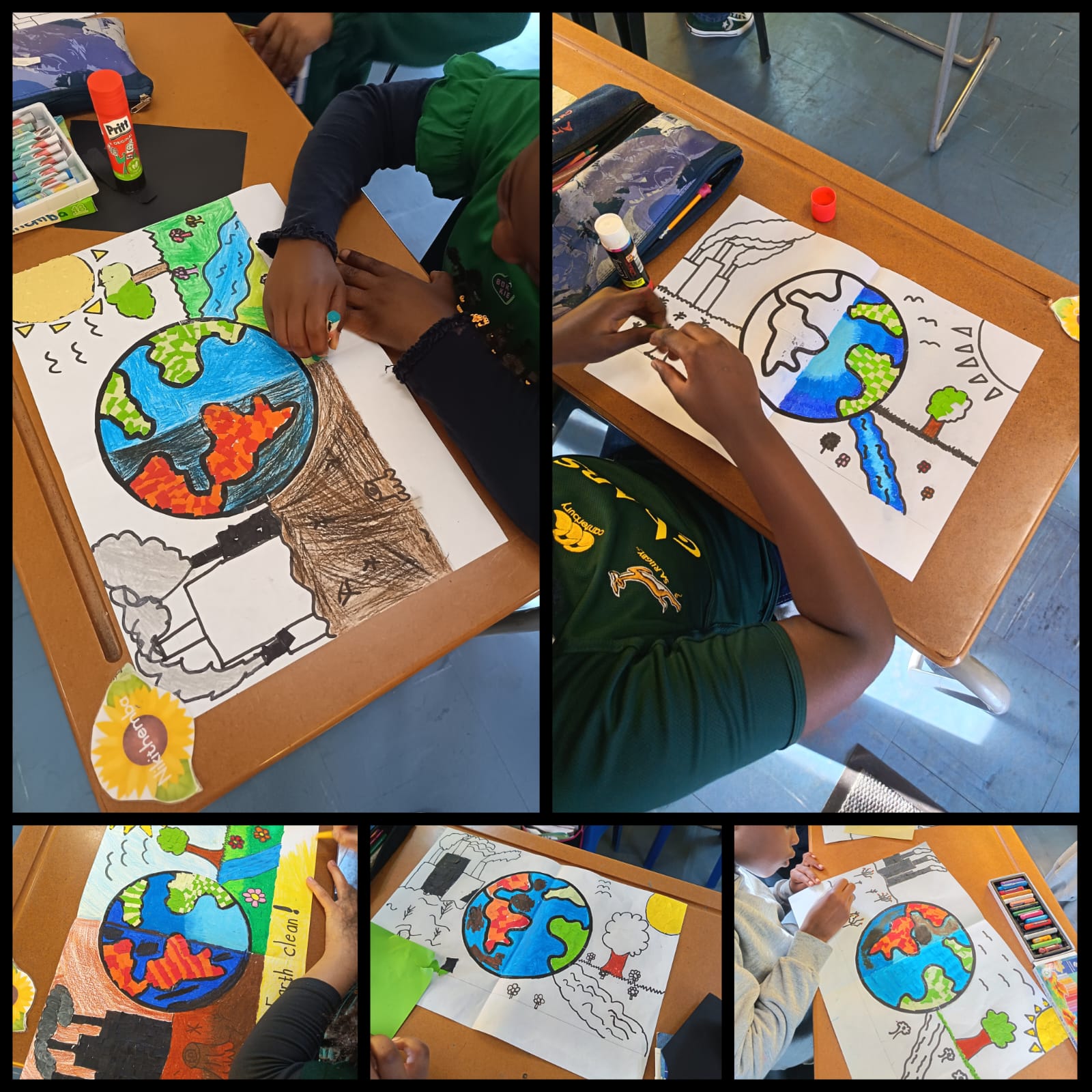 Collage of children coloring drawings of Earth and nature scenes at desks. The kids use crayons and glue sticks, and the artwork features vibrant green, blue, brown, red, and yellow shades. School supplies are visible on the desks.