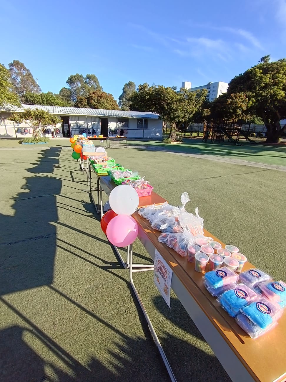 A long table with snacks, drinks, and colorful balloons is set up outdoors on a field, with trees, buildings, and a small shaded area visible in the background under a clear sky.