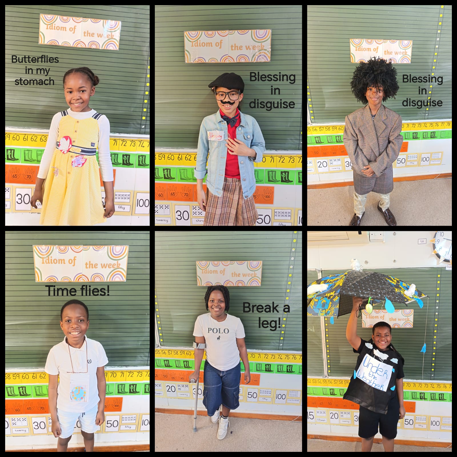 Six children stand in front of a classroom board, each dressed to represent an idiom: “Butterflies in my stomach,” “Blessing in disguise” (shown twice), “Time flies!,” “Break a leg!,” and “Under the weather.”.