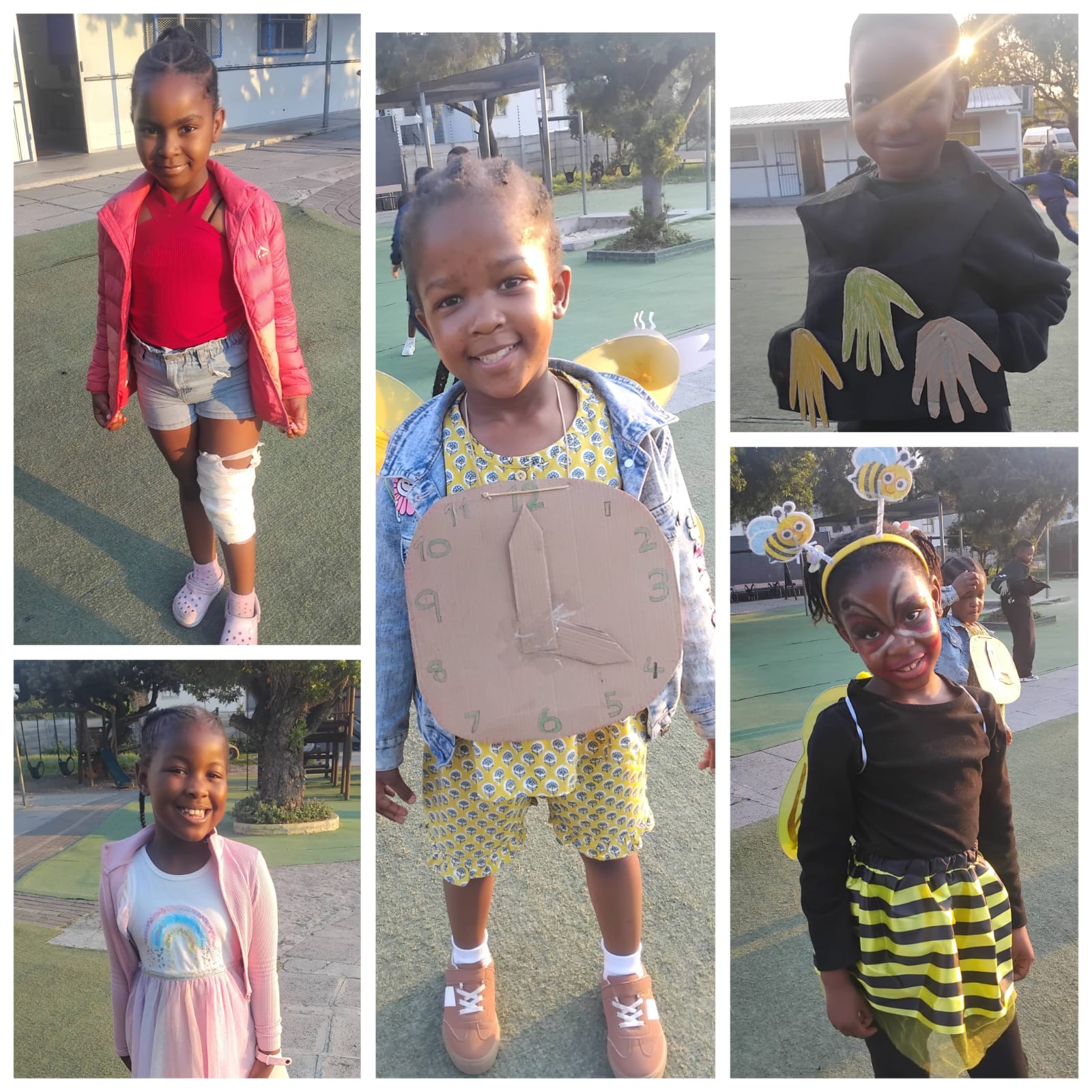 Five children are pictured outdoors in daylight, each wearing a costume or colorful outfit. Outfits include a bee costume, a clock costume, a red jacket with white shorts, a pink dress, and a black shirt with handprint cutouts.
