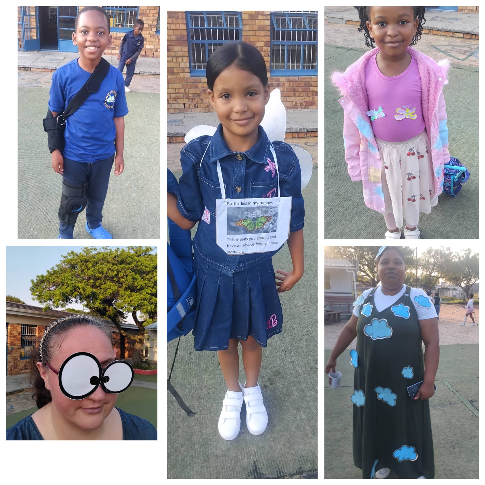 A collage of five photos shows children and an adult outside, dressed in costumes with cloud, butterfly, or cartoon eye decorations, standing on a paved area near a brick building.