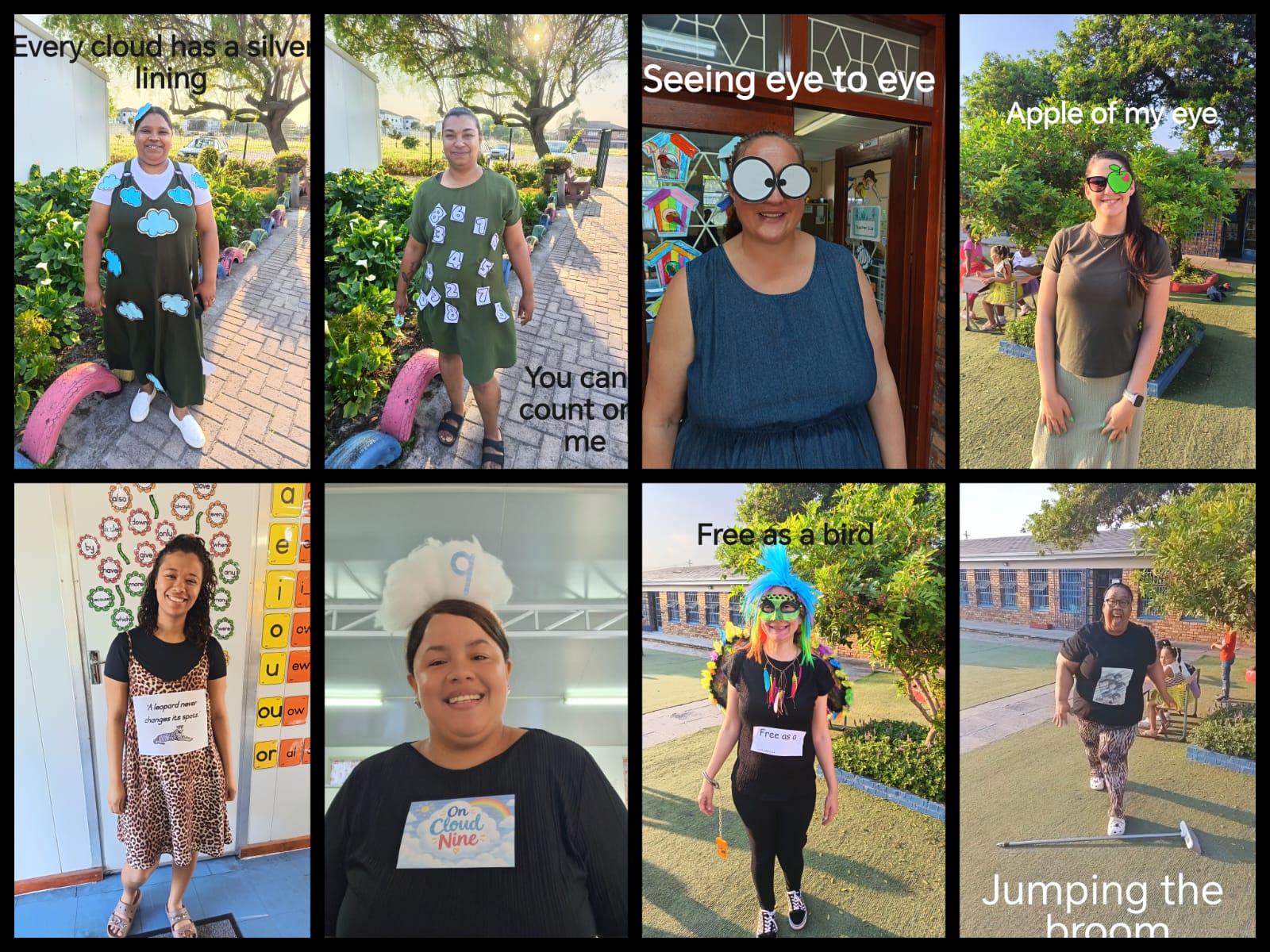 A collage of eight people dressed in costumes representing idioms, such as “Every cloud has a silver lining,” “Seeing eye to eye,” and “Apple of my eye.” Each person poses outdoors or in a classroom setting.
