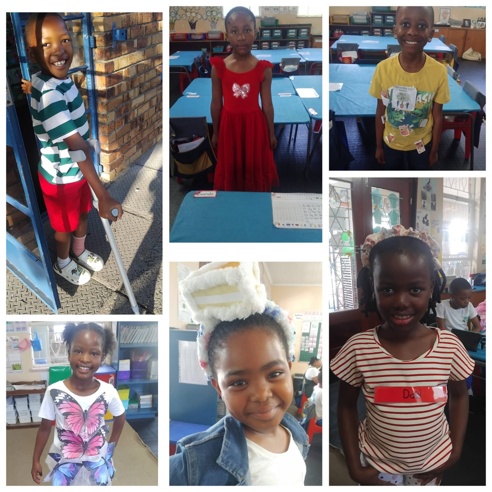 Collage of six children in a classroom setting. Some are standing alone, one is using crutches, and two are smiling together. Desks, chairs, and educational materials are visible in the background of several images.
