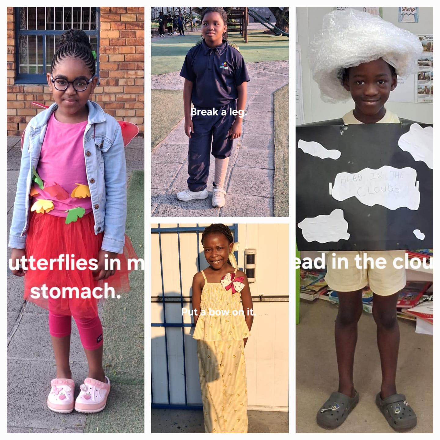 Four children stand in different outfits for what appears to be a school event. Each is dressed to represent a phrase, with visible text: “Butterflies in my stomach,” “Break a leg,” “Put a bow on it,” and “Head in the clouds.”.
