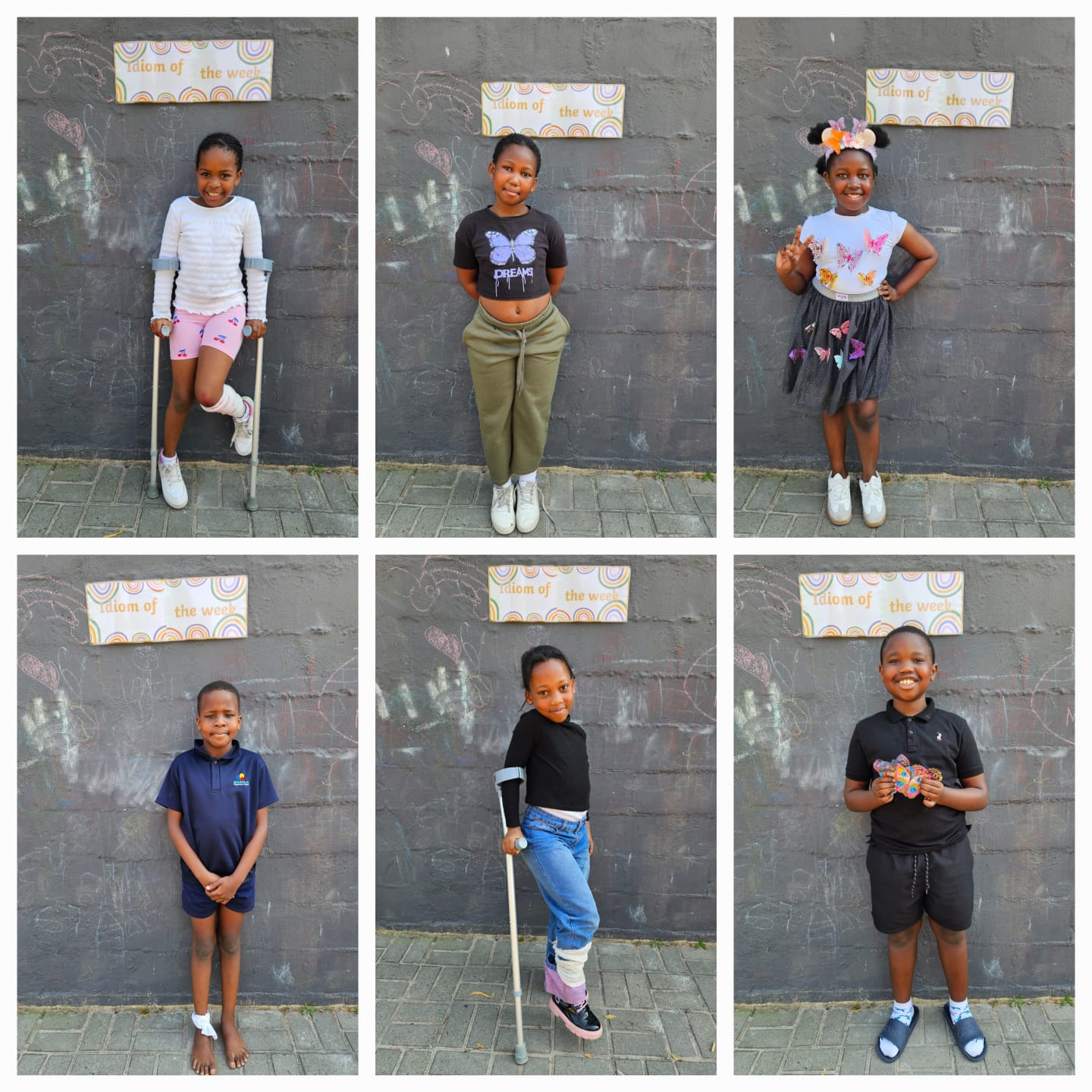 Six children stand individually in front of a gray wall, each posing for a photo. Two use crutches. Some children smile, while others have neutral expressions. A sign reading “Mom of the week” is visible above each child.