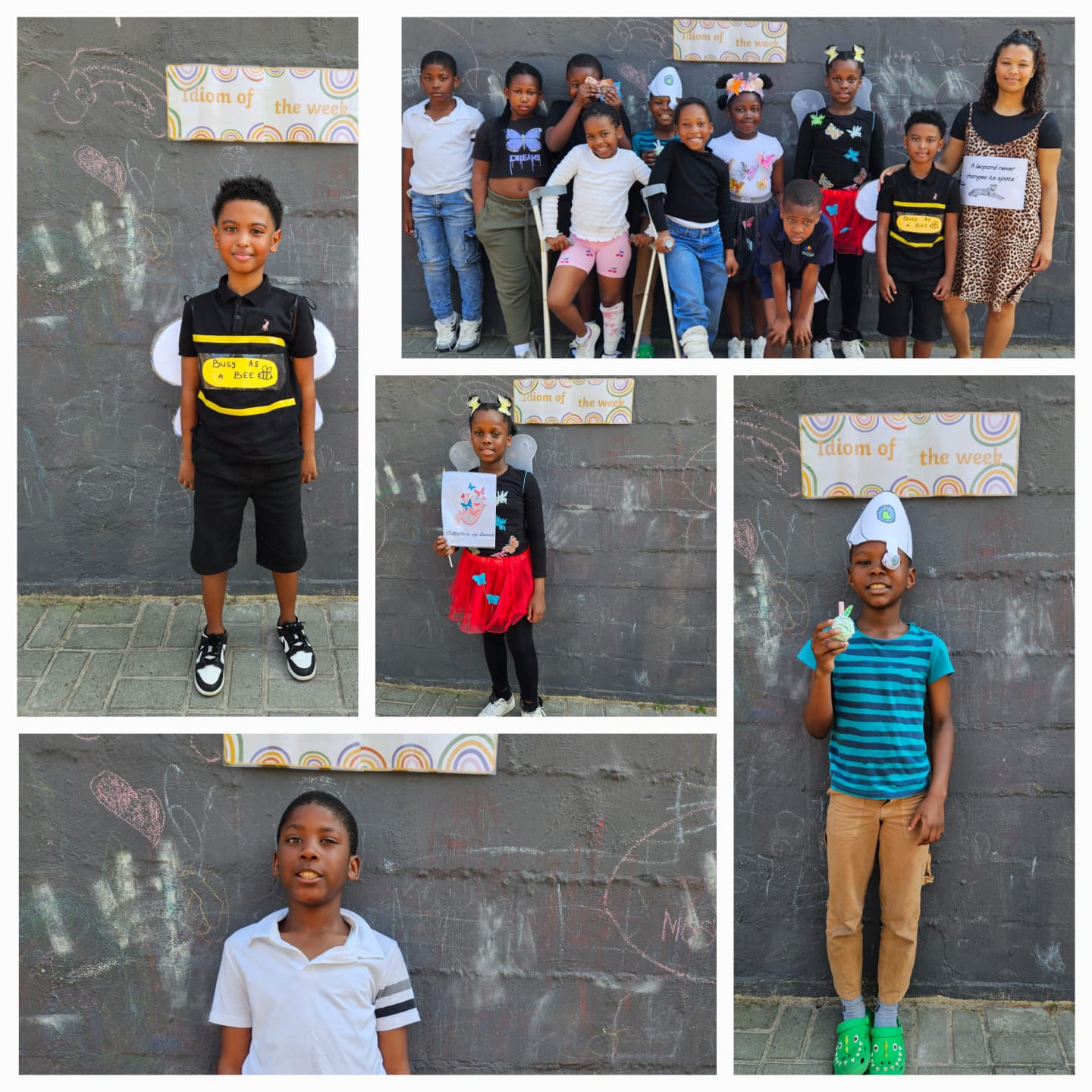 Five separate photos show children and one adult standing or posing against a chalkboard wall outdoors, with some children holding paper props and all facing the camera. A sign reading “Idiom of the week” is visible in the background.