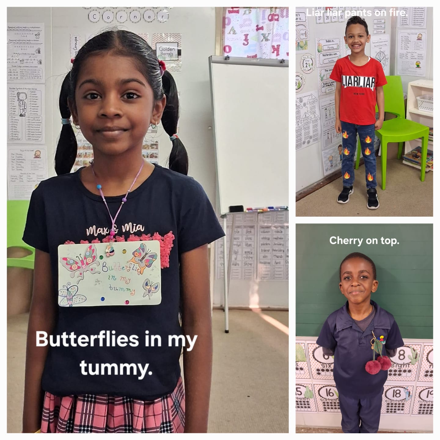 Collage of three children standing in classrooms. The left shows a girl with a “Butterflies in my tummy” sign. Top right, a boy wears a “pants on fire” sign. Bottom right, a boy wears a “cherry on top” sign.