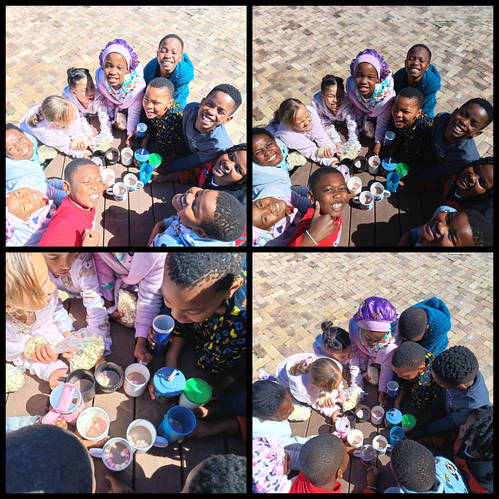 Four images show a group of children sitting outside in a circle on a brick surface, smiling and looking up at the camera. They have cups and snacks in front of them, socializing together in the sun.
