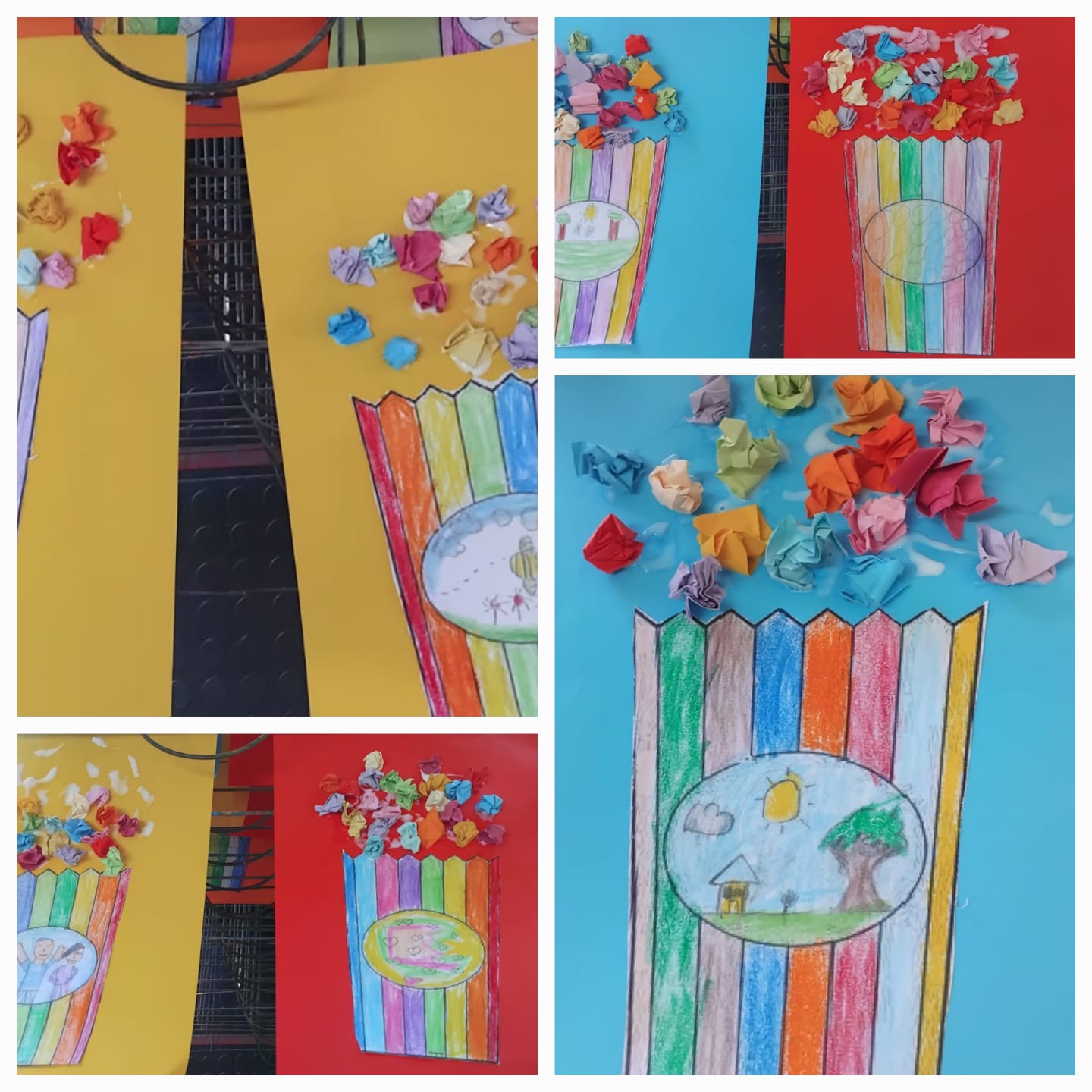 Four colorful posters show hand-drawn popcorn buckets, each with crumpled paper “popcorn” glued on top. Buckets are outlined in rainbow colors and each poster uses different colored backgrounds: yellow, blue, and red.