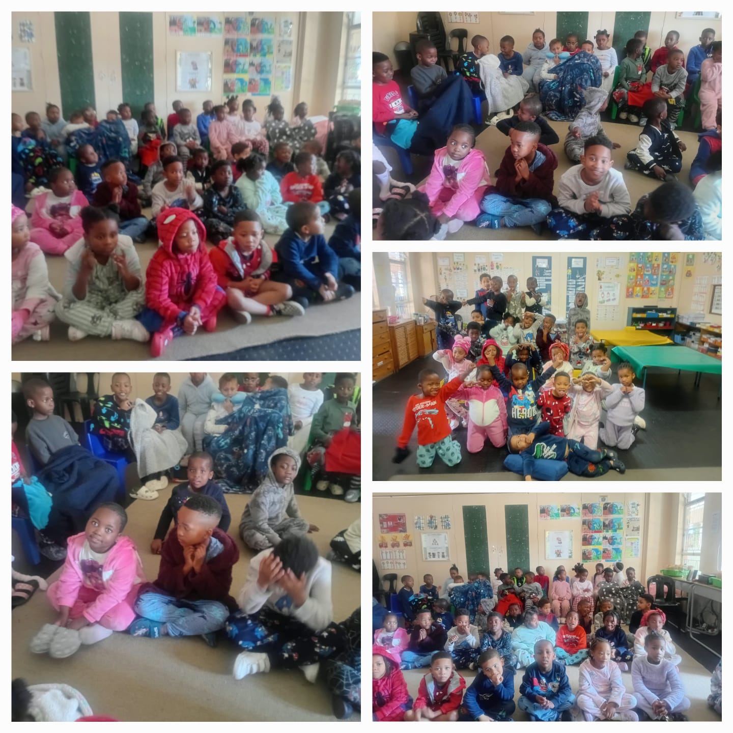 Collage of five classroom photos showing groups of young children sitting on the floor, some wearing pajamas and blankets. The classroom walls have posters and drawings. The children appear to be participating in an indoor group activity.