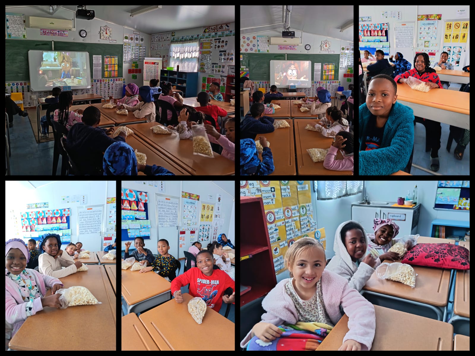 A classroom full of students sits at desks with snacks, watching a movie projected on a screen. Some students smile at the camera, and colorful posters decorate the walls. Four close-up shots show groups of happy students.
